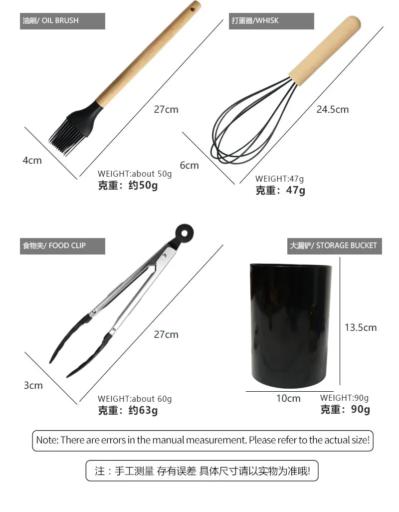 12pcs Wooden Handle Silicone Kitchenware with Storage Bucket High Temperature Resistant Non-stick Spatula Kitchen Cooking Tool