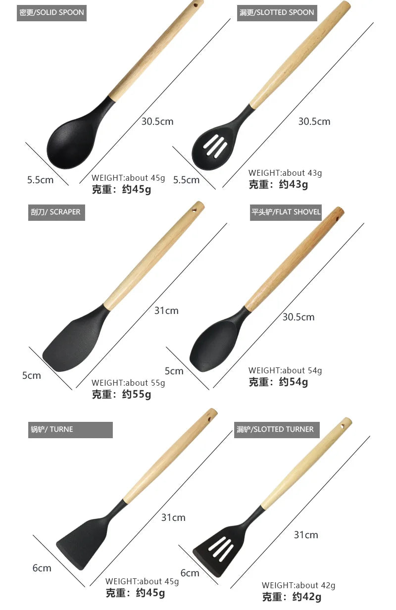 12pcs Wooden Handle Silicone Kitchenware with Storage Bucket High Temperature Resistant Non-stick Spatula Kitchen Cooking Tool