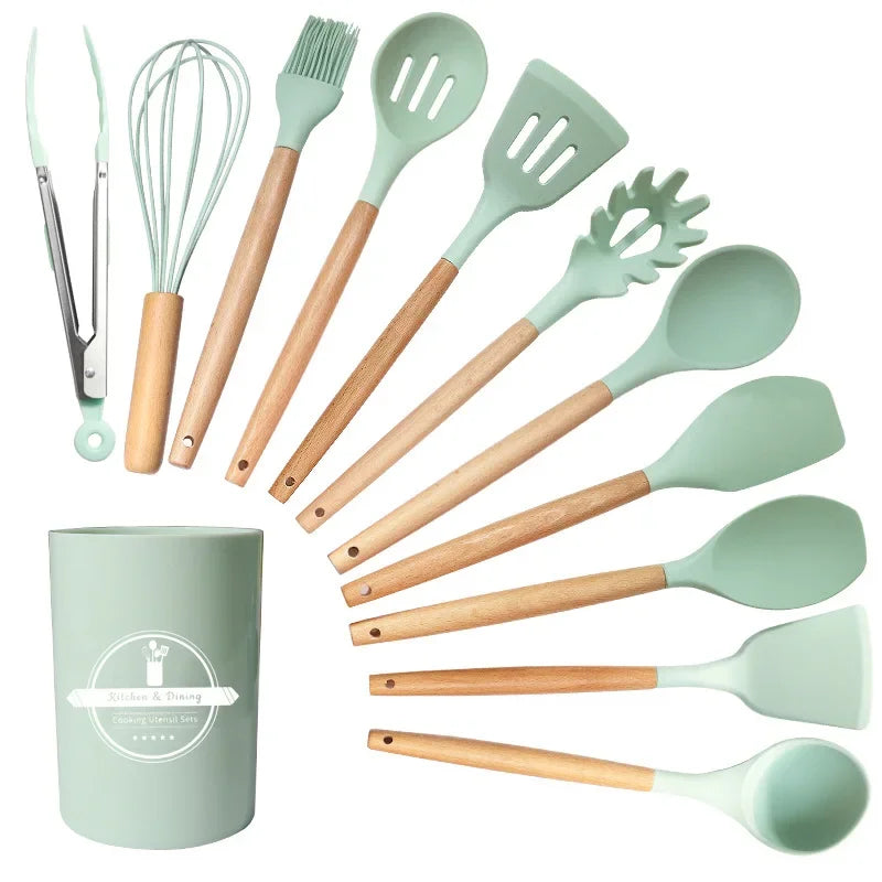 12pcs Wooden Handle Silicone Kitchenware with Storage Bucket High Temperature Resistant Non-stick Spatula Kitchen Cooking Tool