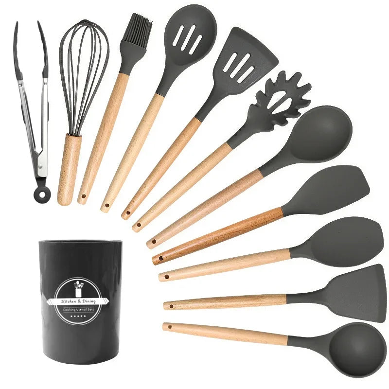 12pcs Wooden Handle Silicone Kitchenware with Storage Bucket High Temperature Resistant Non-stick Spatula Kitchen Cooking Tool