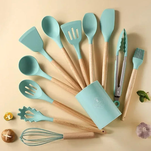 12pcs Wooden Handle Silicone Kitchenware with Storage Bucket High Temperature Resistant Non-stick Spatula Kitchen Cooking Tool