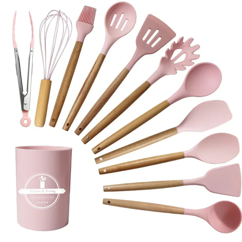 12pcs Wooden Handle Silicone Kitchenware with Storage Bucket High Temperature Resistant Non-stick Spatula Kitchen Cooking Tool