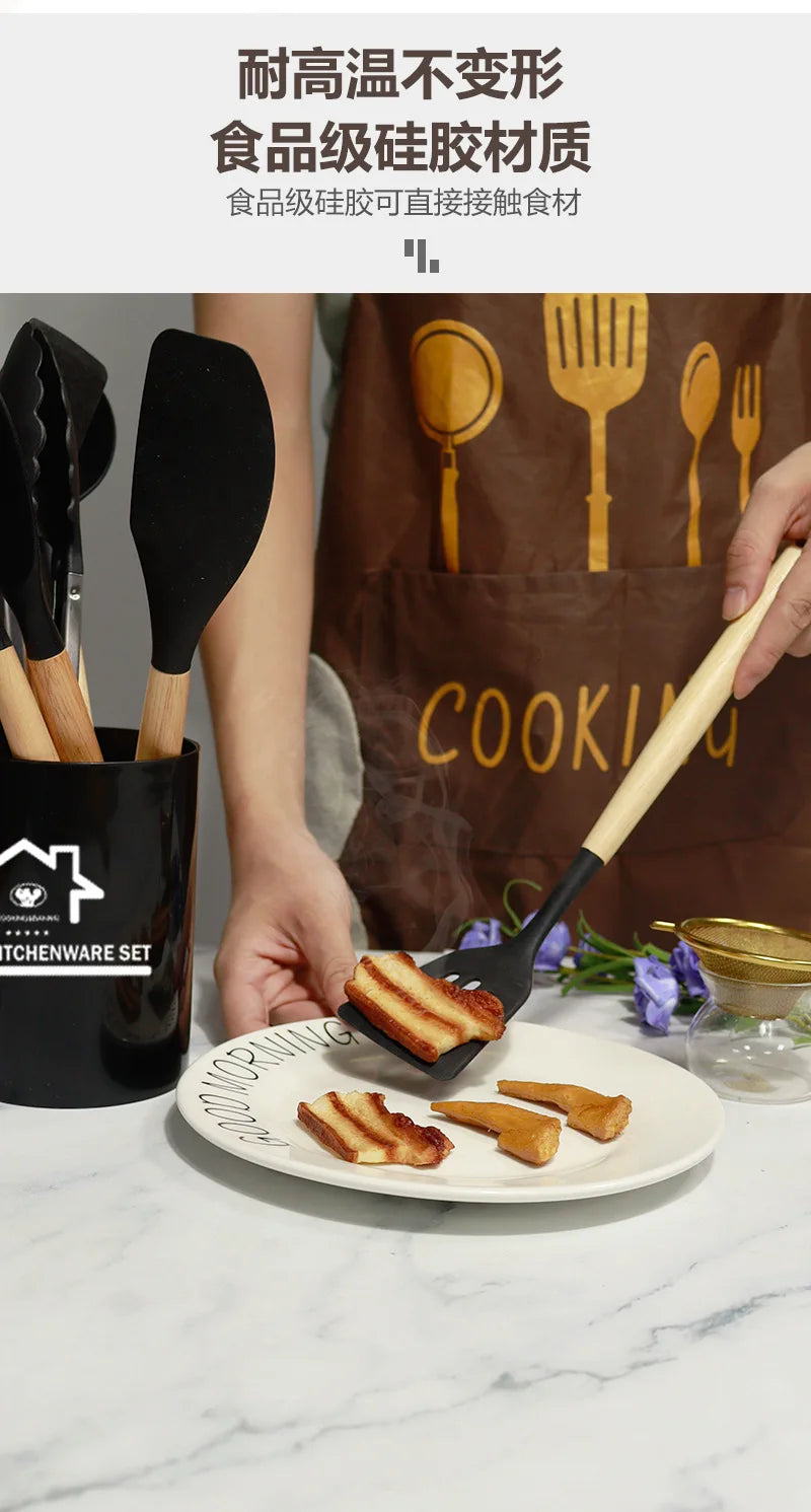 12pcs Wooden Handle Silicone Kitchenware with Storage Bucket High Temperature Resistant Non-stick Spatula Kitchen Cooking Tool