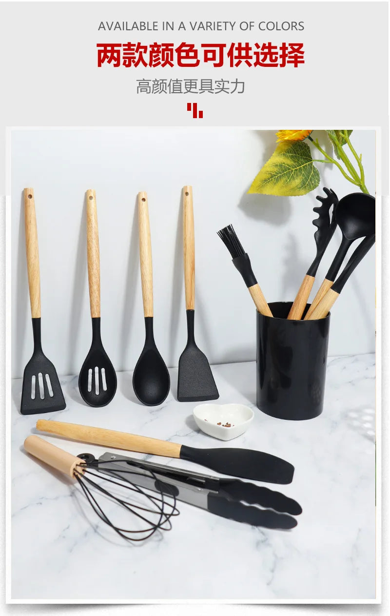 12pcs Wooden Handle Silicone Kitchenware with Storage Bucket High Temperature Resistant Non-stick Spatula Kitchen Cooking Tool