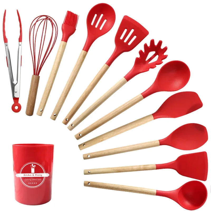 12pcs Wooden Handle Silicone Kitchenware with Storage Bucket High Temperature Resistant Non-stick Spatula Kitchen Cooking Tool