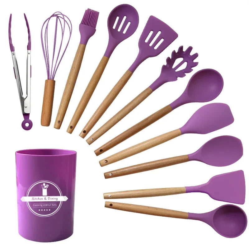 12pcs Wooden Handle Silicone Kitchenware with Storage Bucket High Temperature Resistant Non-stick Spatula Kitchen Cooking Tool