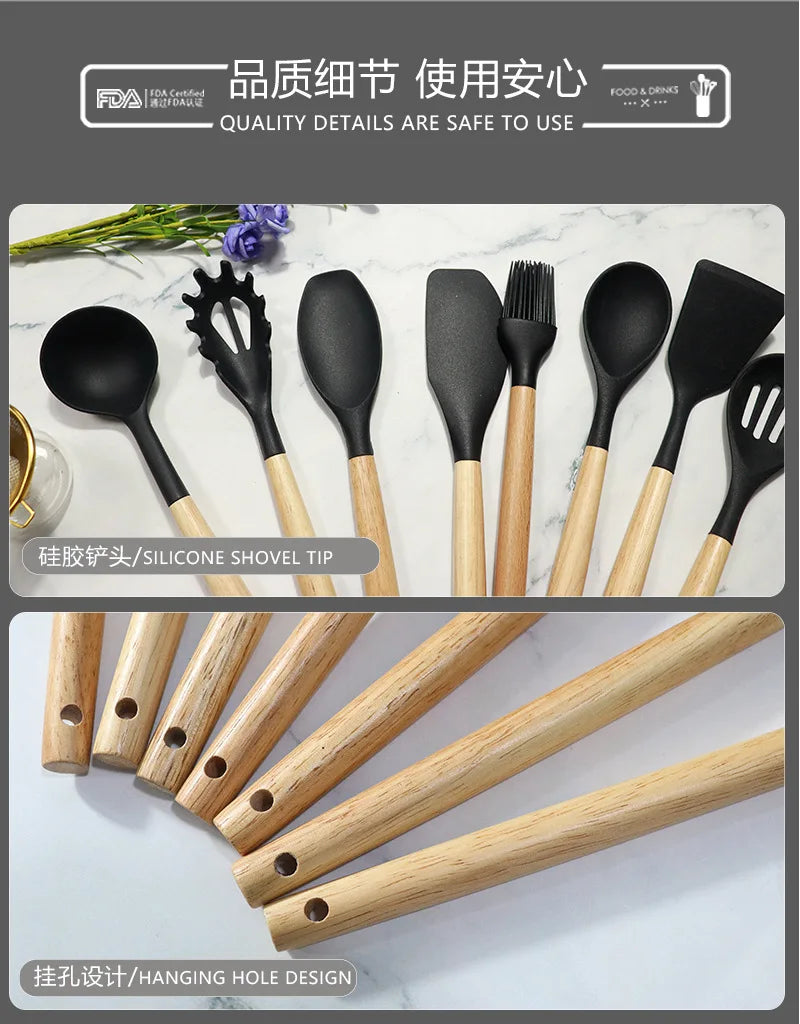 12pcs Wooden Handle Silicone Kitchenware with Storage Bucket High Temperature Resistant Non-stick Spatula Kitchen Cooking Tool