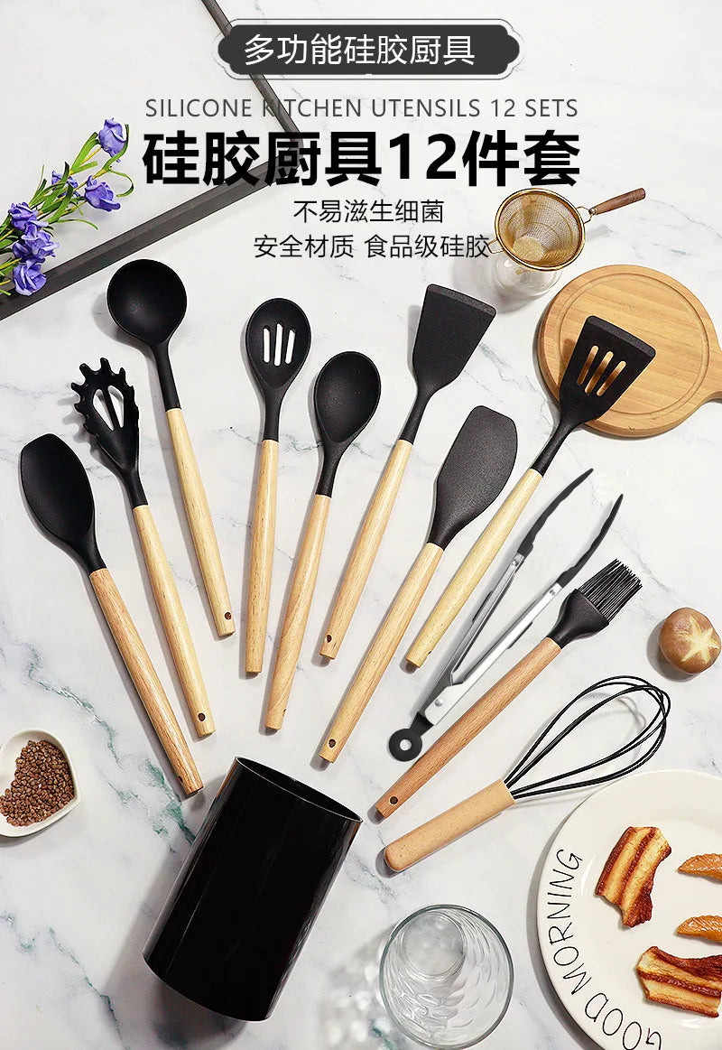 12pcs Wooden Handle Silicone Kitchenware with Storage Bucket High Temperature Resistant Non-stick Spatula Kitchen Cooking Tool