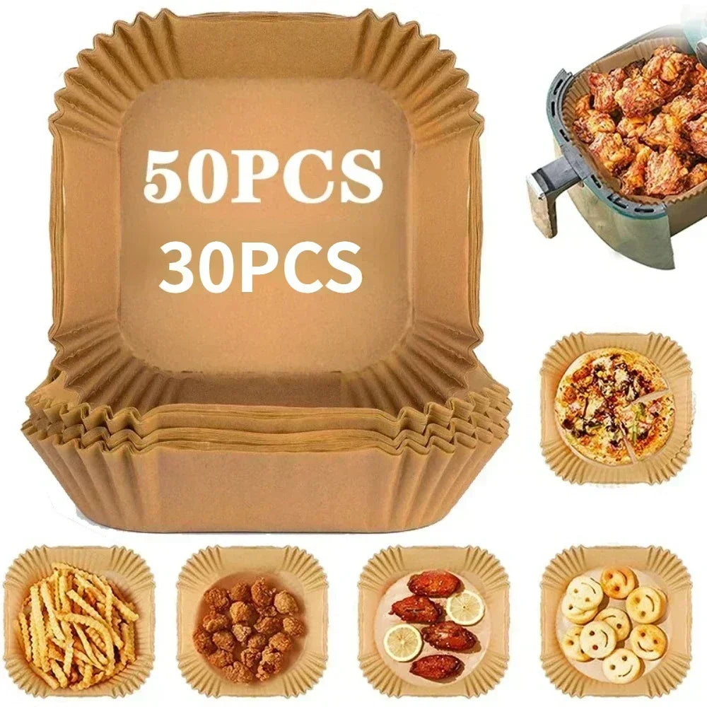 50/30 Pieces Kitchens Accessories Air Fryer Paper Kitchen Utensils Disposable Square Round Pastry Molds BBQ Plate Non-stick Pad